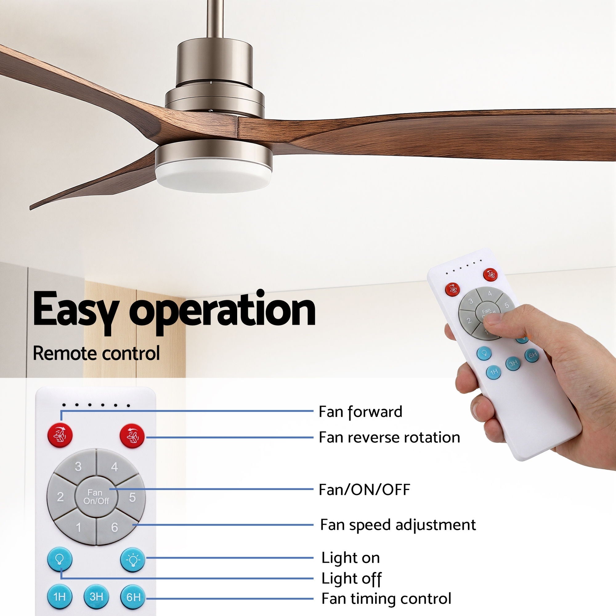 Devanti 52" Ceiling Fan with Light Remote Control DC Motor Smart App Timber Blades Brown CF-C-52-07L-APP-BRW