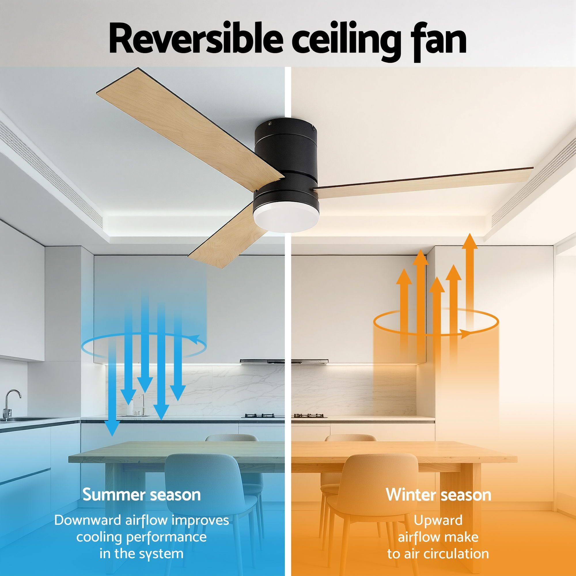 Devanti 52'' Ceiling Fan 3 Blades Double-sided DC Motor w/Light w/Remote Light Wood and bLack CF-C-52-70PLY-LW
