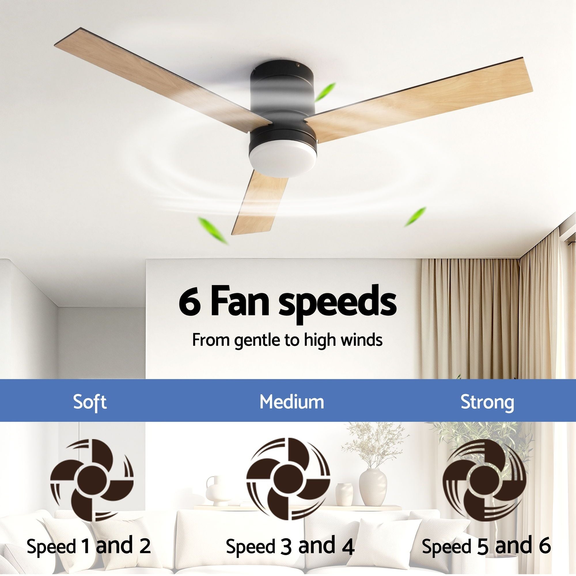 Devanti 52'' Ceiling Fan 3 Blades Double-sided DC Motor w/Light w/Remote Light Wood and bLack CF-C-52-70PLY-LW
