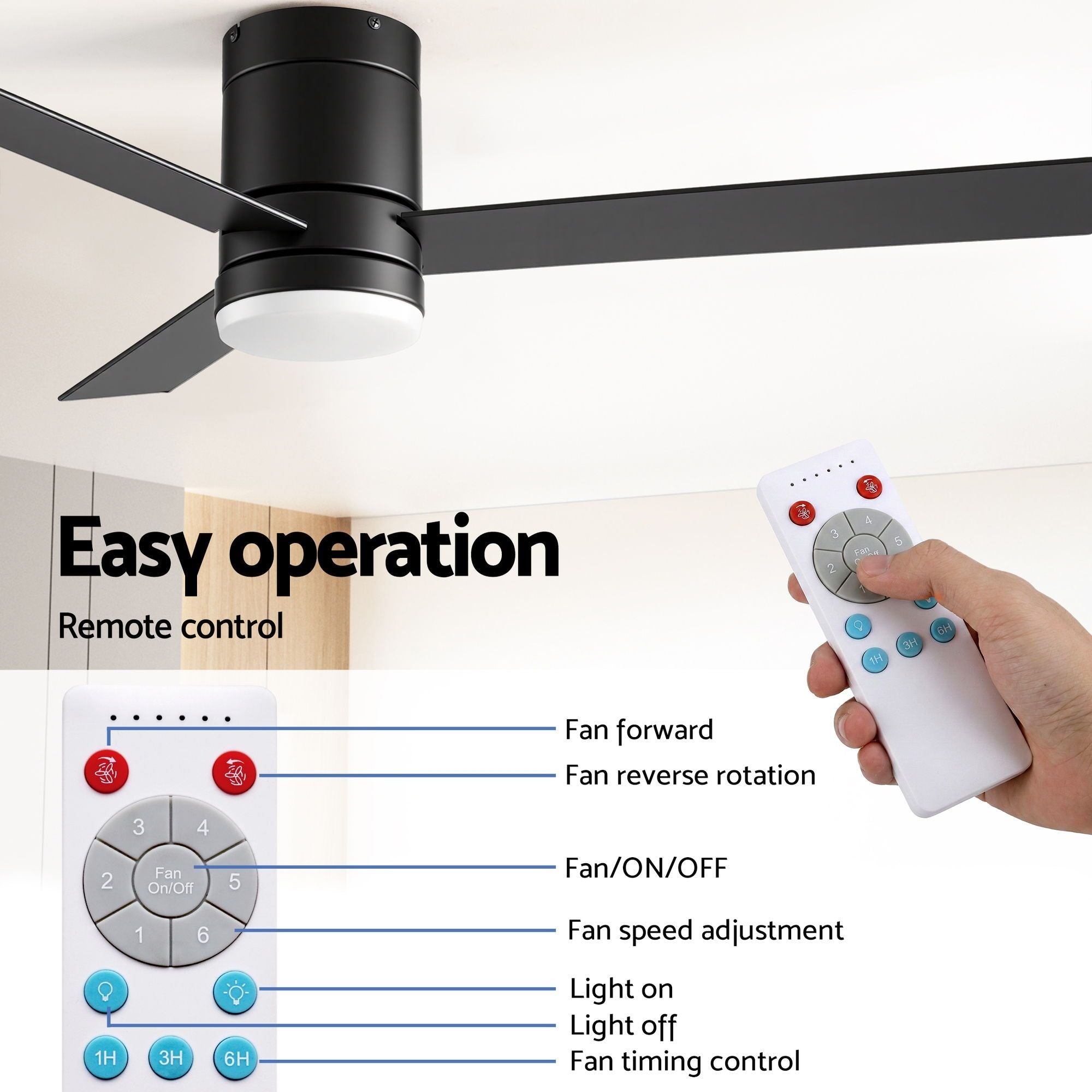 Devanti 52'' Ceiling Fan 3 Blades Double-sided DC Motor w/Light w/Remote Light Wood and bLack CF-C-52-70PLY-LW