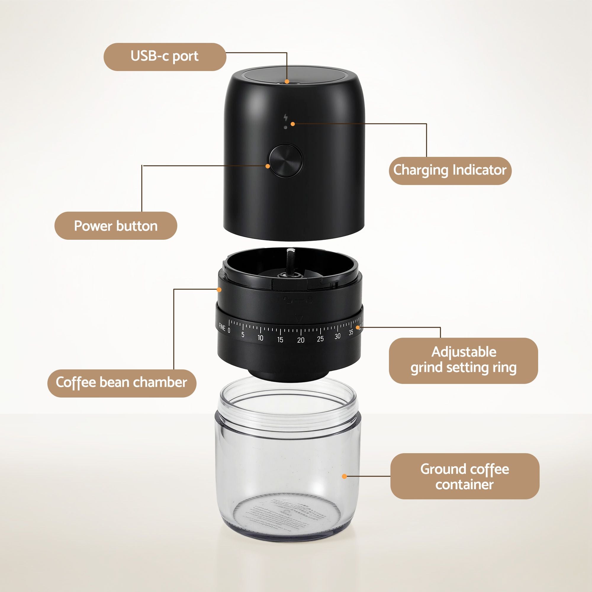 Devanti Electric Coffee Grinder USB-C Rechargeable Portable Coffee Bean Grinder with 40 Precise Grind CF-G-E-40