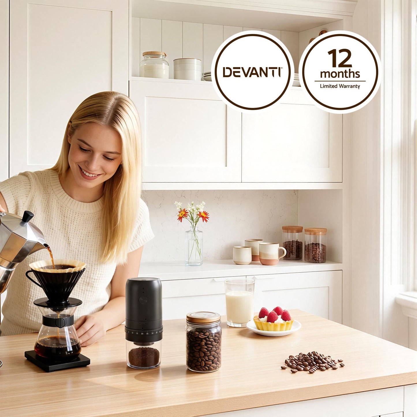 Devanti Electric Coffee Grinder USB-C Rechargeable Portable Coffee Bean Grinder with 40 Precise Grind CF-G-E-40