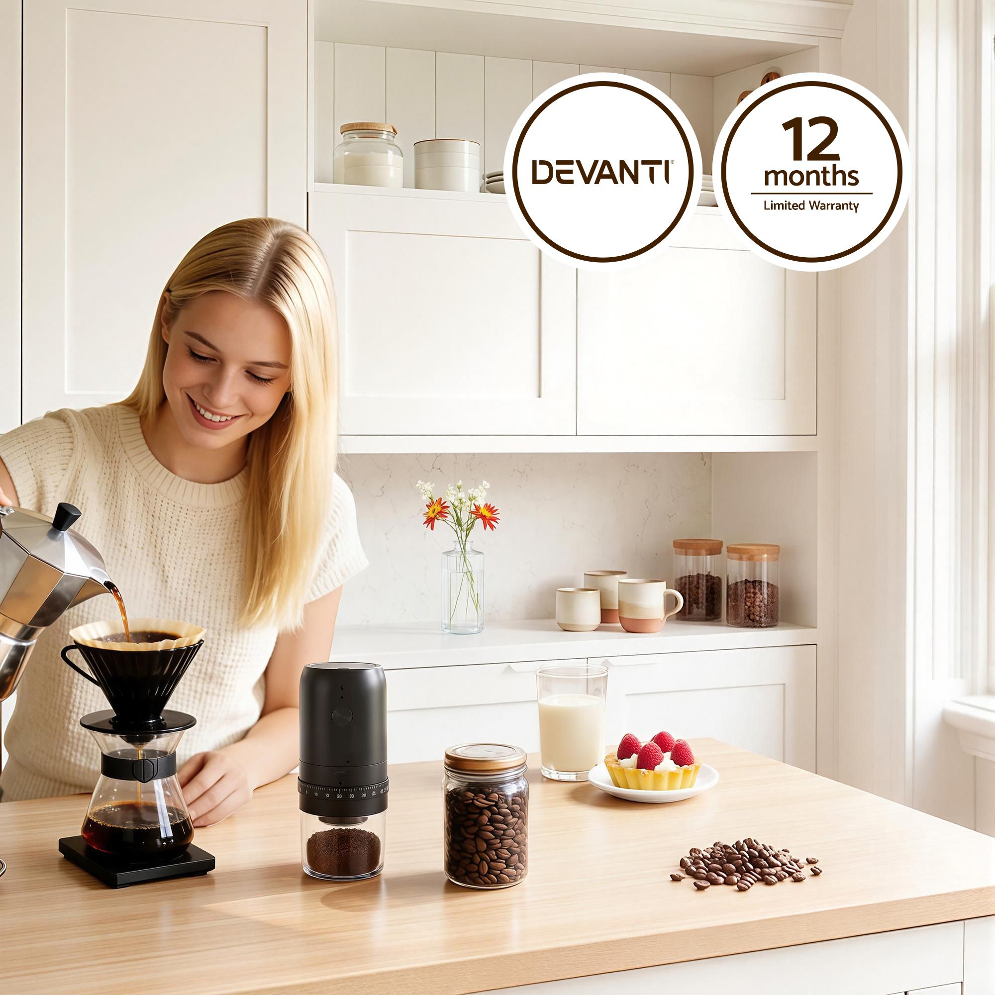 Devanti Electric Coffee Grinder USB-C Rechargeable Portable Coffee Bean Grinder with 40 Precise Grind CF-G-E-40