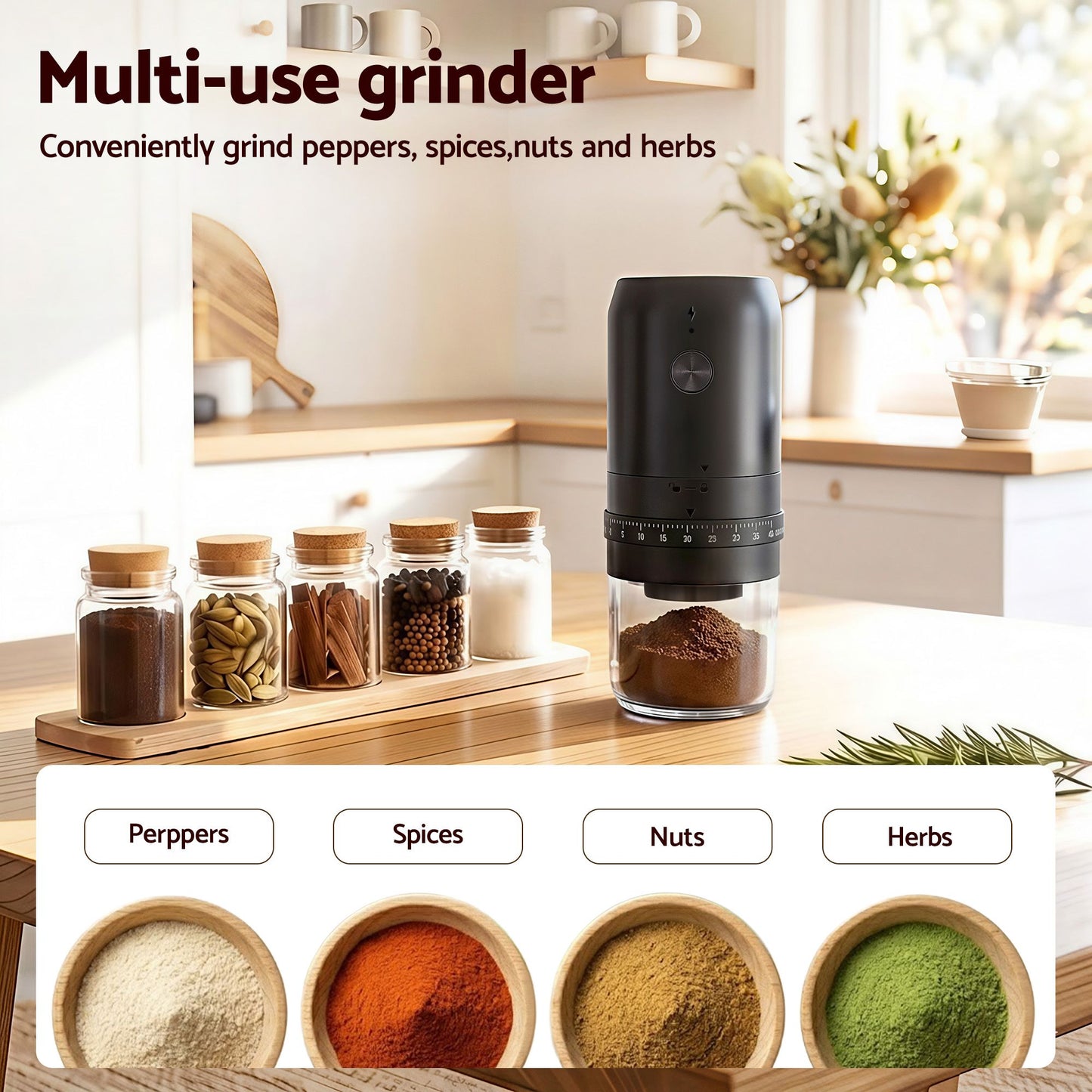 Devanti Electric Coffee Grinder USB-C Rechargeable Portable Coffee Bean Grinder with 40 Precise Grind CF-G-E-40