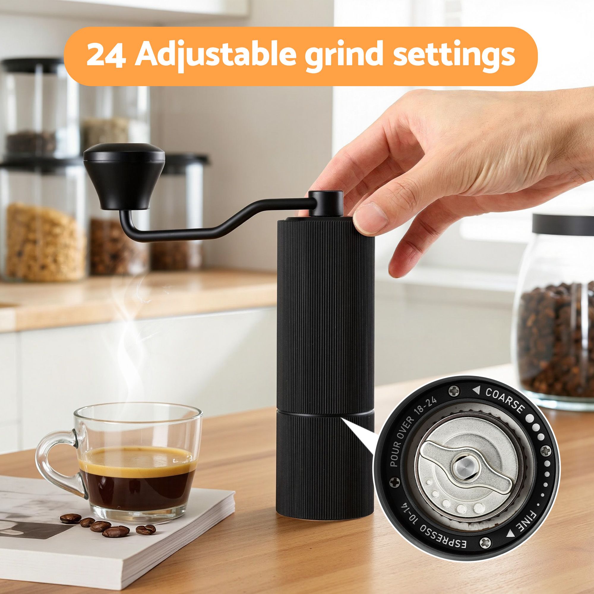 Devanti Manual Coffee Grinder with 24 Adjustable Settings | Hand Coffee Bean Burr Mill for Espresso French CF-G-M-12