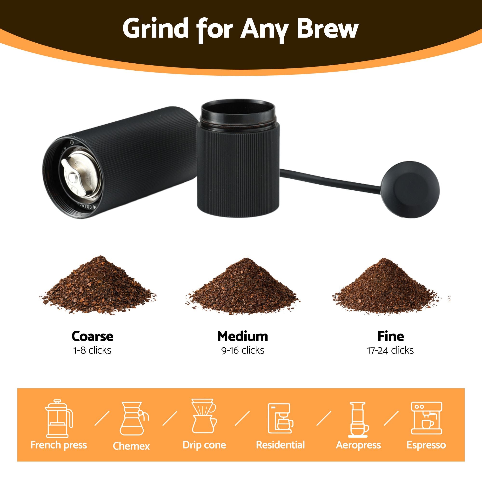 Devanti Manual Coffee Grinder with 24 Adjustable Settings | Hand Coffee Bean Burr Mill for Espresso French CF-G-M-12