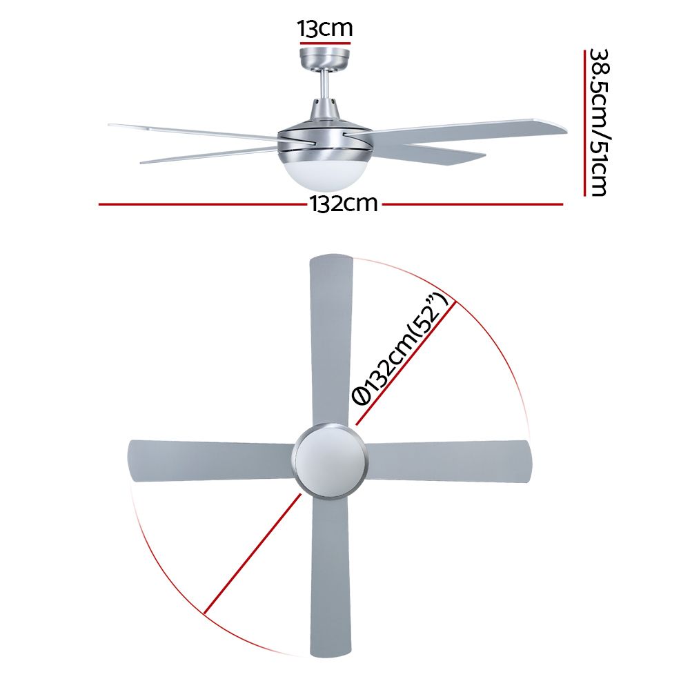 Devanti 52'' Ceiling Fan DC Motor w/Light w/Remote - Silver CF-RC-52-SI