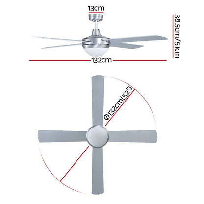 Devanti 52'' Ceiling Fan DC Motor w/Light w/Remote - Silver CF-RC-52-SI