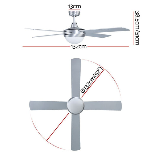Devanti 52'' Ceiling Fan DC Motor w/Light w/Remote - Silver CF-RC-52-SI