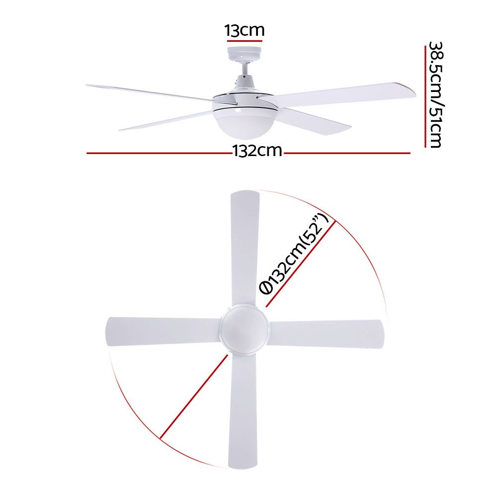 Devanti 52'' Ceiling Fan DC Motor w/Light w/Remote - White CF-RC-52-WH