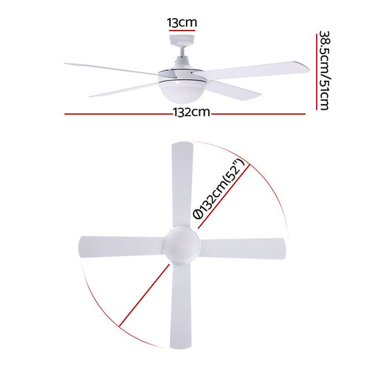Devanti 52'' Ceiling Fan DC Motor w/Light w/Remote - White CF-RC-52-WH