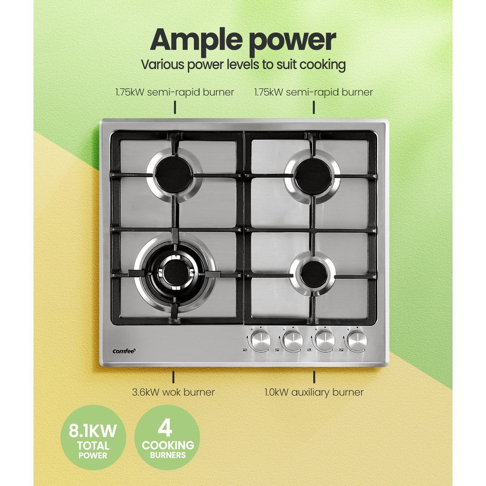Comfee 60cm Gas Cooktop Stainless Steel 4 Burners Kitchen Stove Cook Top NG LPG CGH60096S