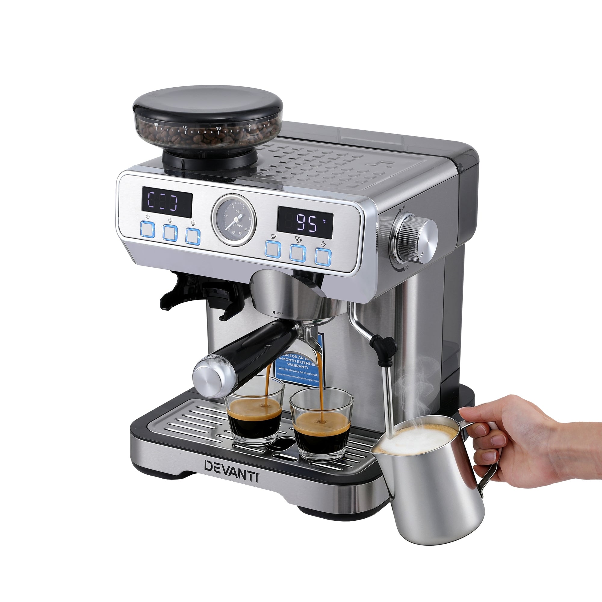 Devanti Coffee Machine Espresso Latte Maker with Grinder Milk Frother Steam Wand CM-301-SS