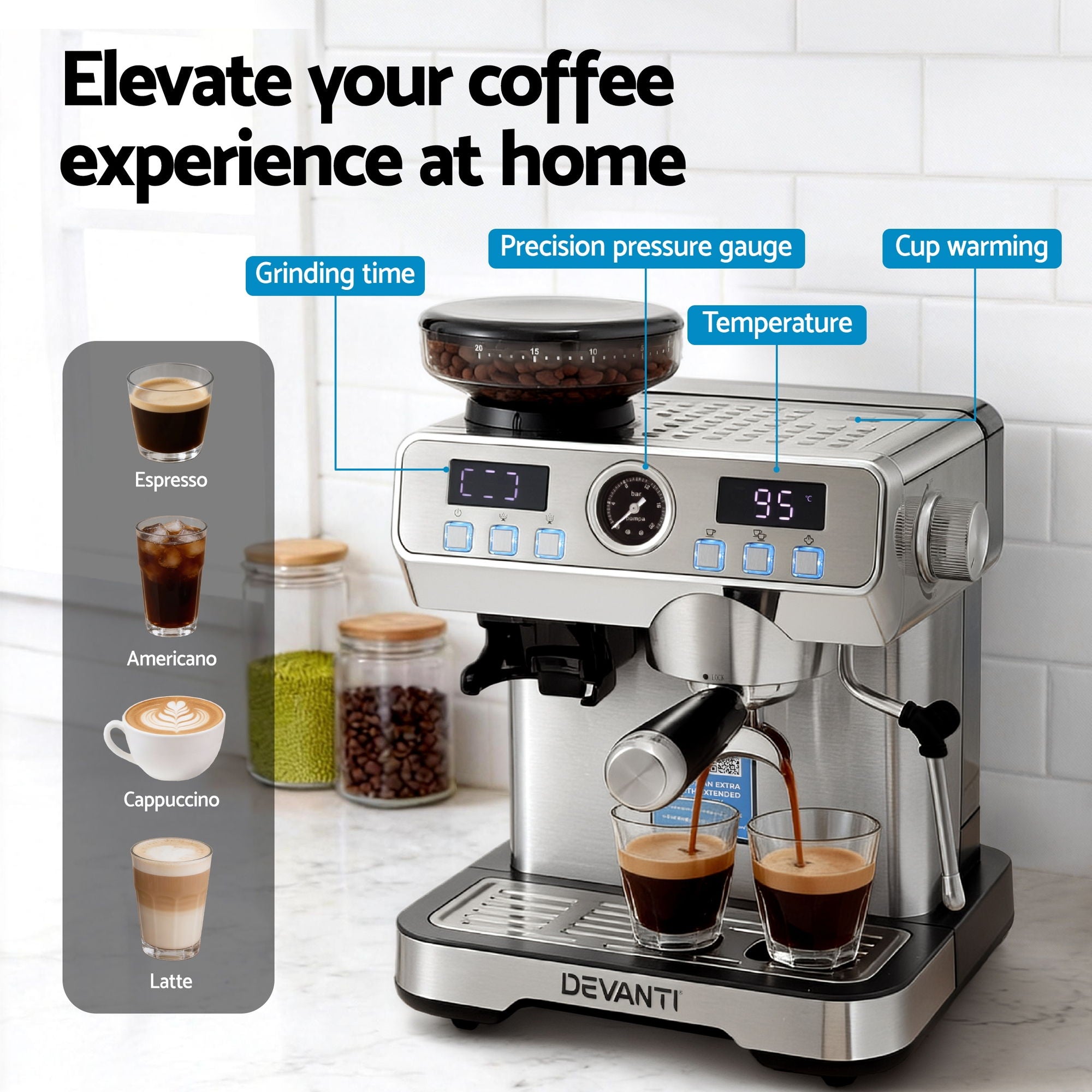 Devanti Coffee Machine Espresso Latte Maker with Grinder Milk Frother Steam Wand CM-301-SS