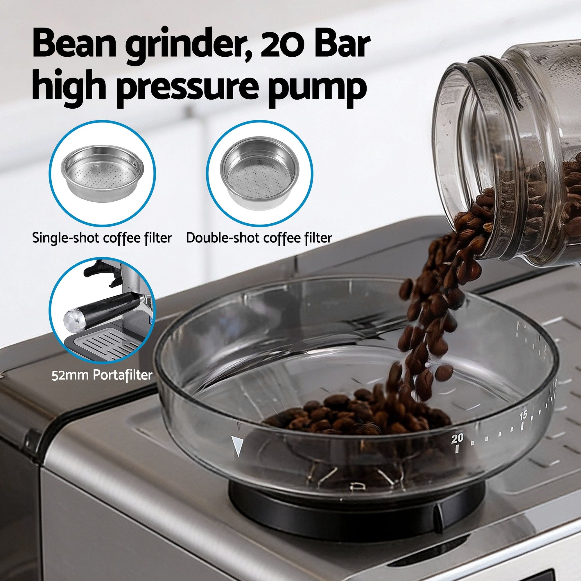 Devanti Coffee Machine Espresso Latte Maker with Grinder Milk Frother Steam Wand CM-301-SS