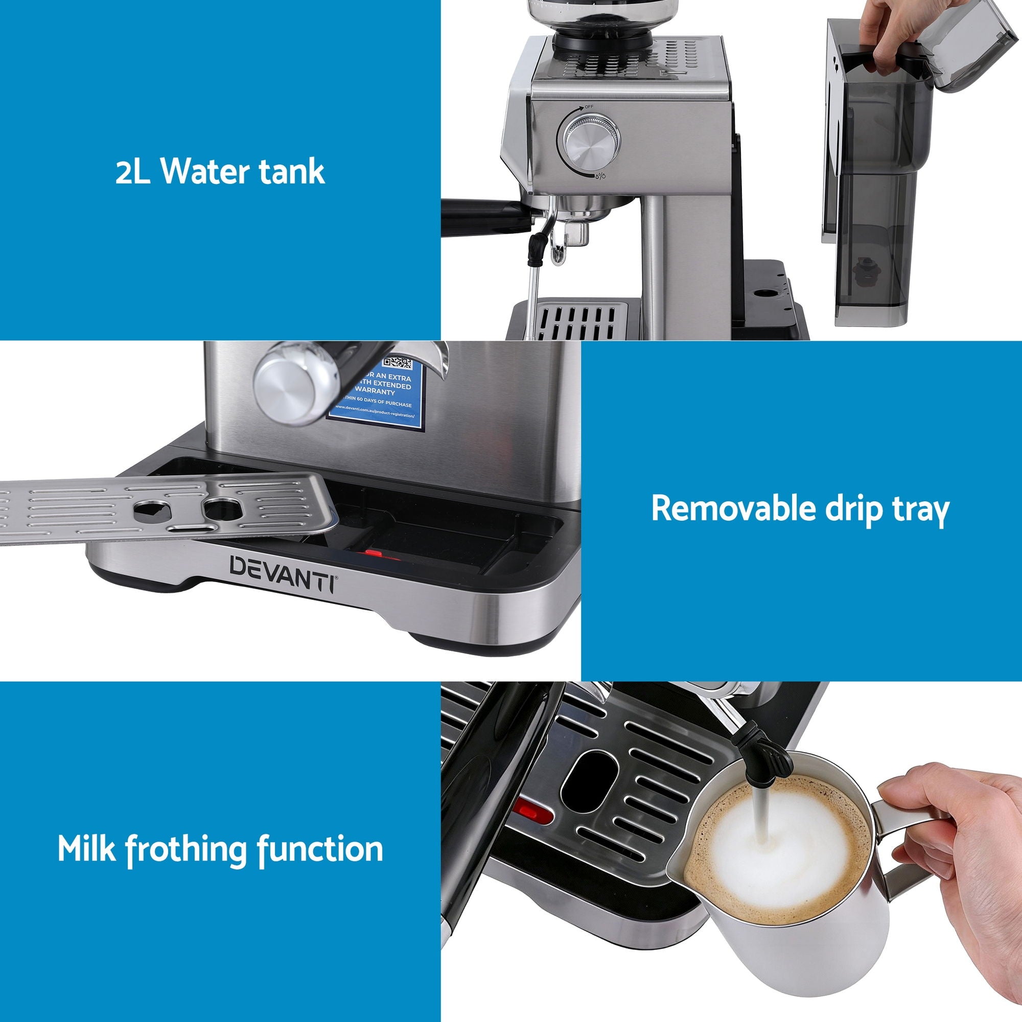 Devanti Coffee Machine Espresso Latte Maker with Grinder Milk Frother Steam Wand CM-301-SS