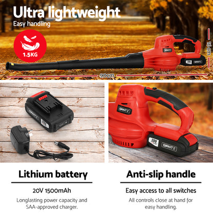 Giantz 20V Cordless Leaf Blower Garden Lithium Battery Electric Nozzles 2-Speed CORDLB-20V-RD
