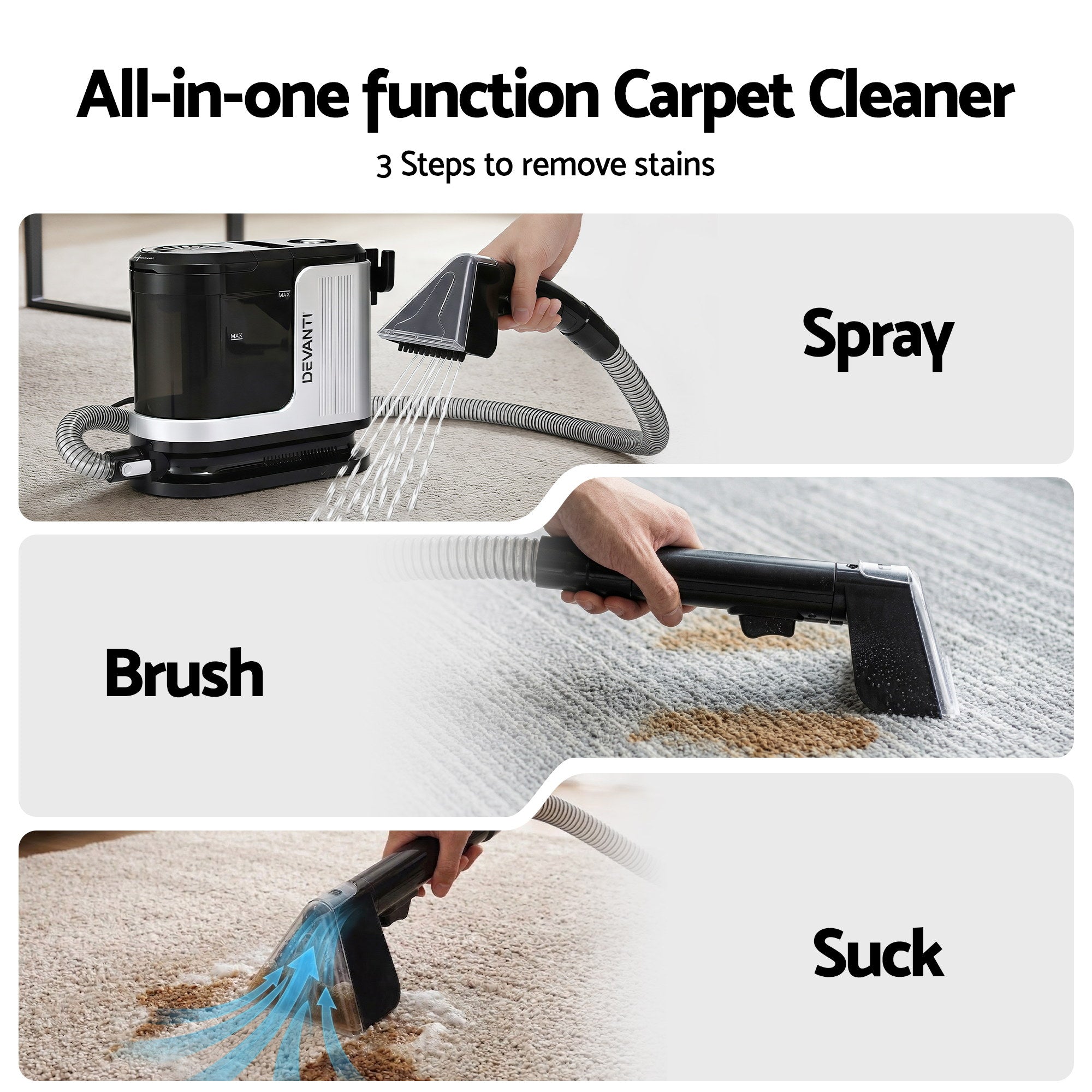 Devanti Carpet Washer Vacuum Cleaner 600W 13kpa Hose Self-Cleaning Function CPW-1200-BY101