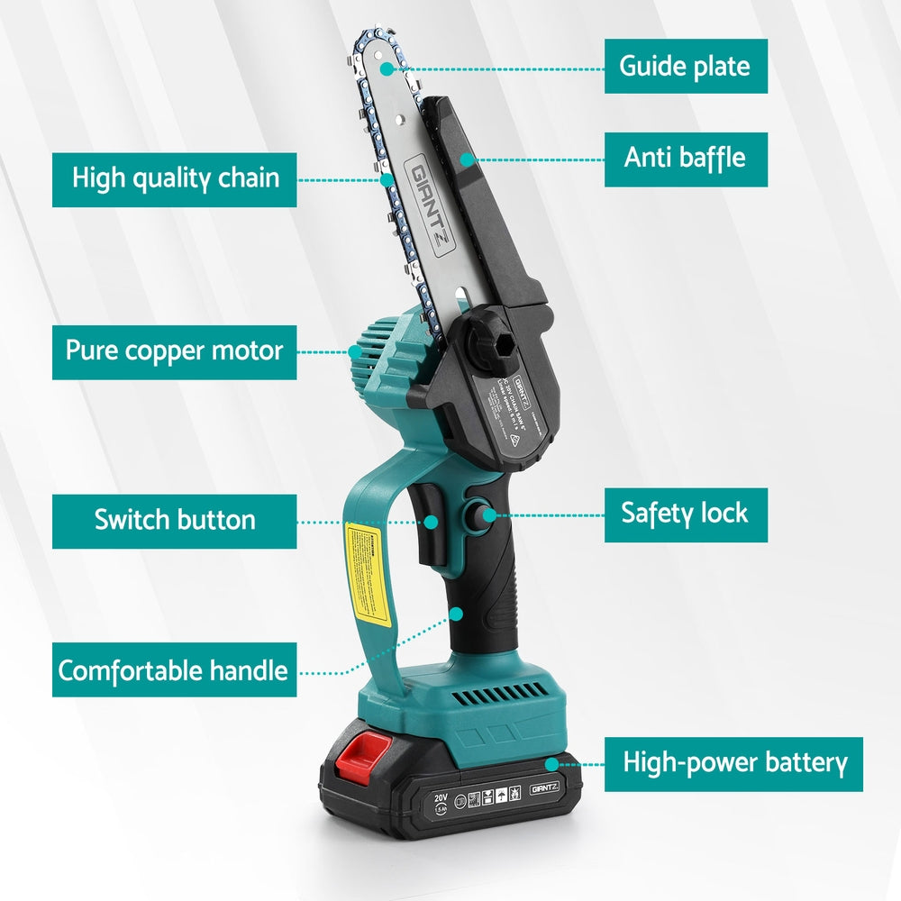 Giantz 6" Mini Cordless Electric Chainsaw Rechargeable Wood Cutter CSAW-20V-6IN-BL