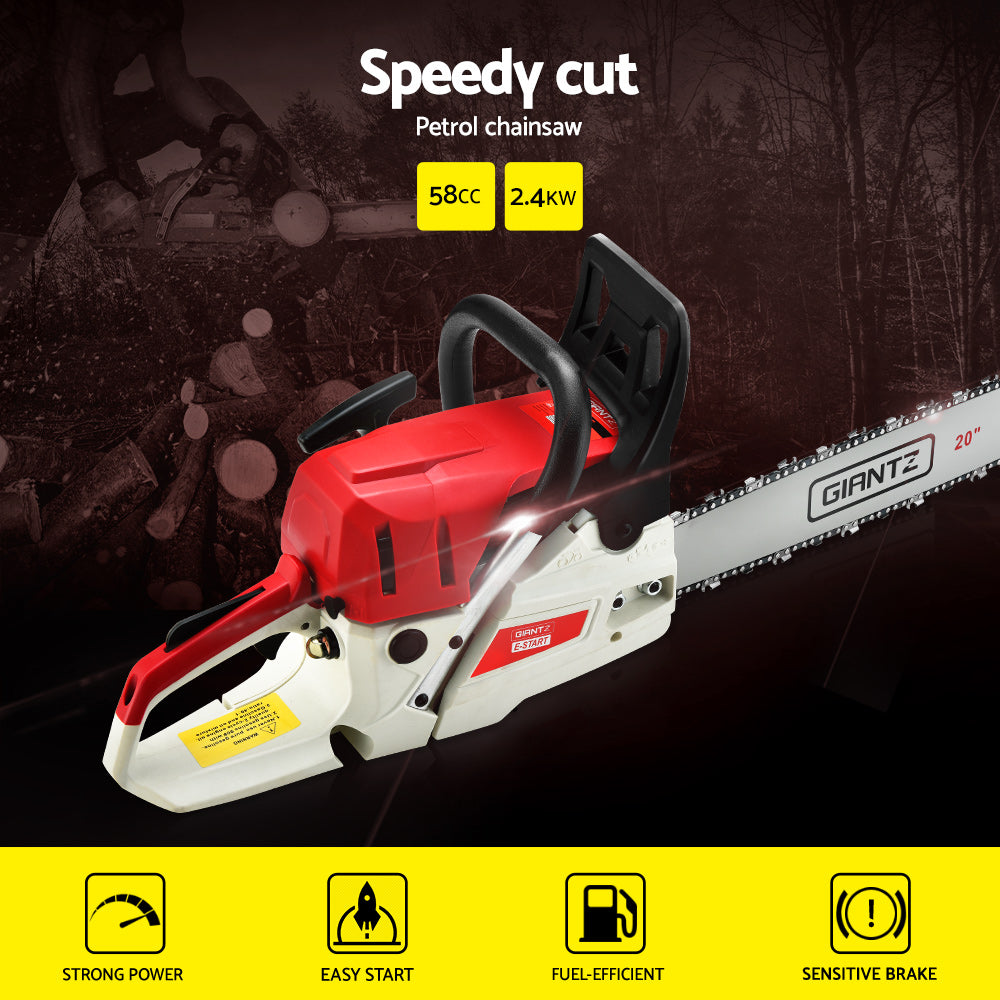 Giantz 58cc Petrol Chainsaw 20 Inch Bar Chain Saw Tree Pruner 2 Stroke E-Start CSAW-62CC-N-20IN-OV-RDWH