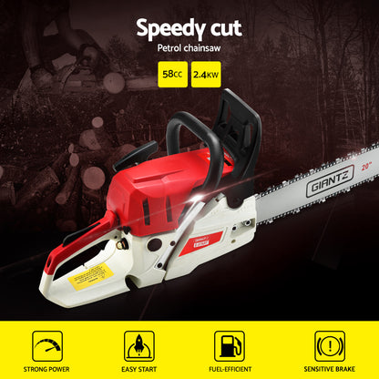 Giantz 58cc Petrol Chainsaw 20 Inch Bar Chain Saw Tree Pruner 2 Stroke E-Start CSAW-62CC-N-20IN-OV-RDWH