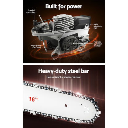 Giantz Chainsaw Petrol 45CC 16" Bar Commercial E-Start Pruning Chain Saw 1.7kW CSAW-FOFV-16-N-OV-RDBK