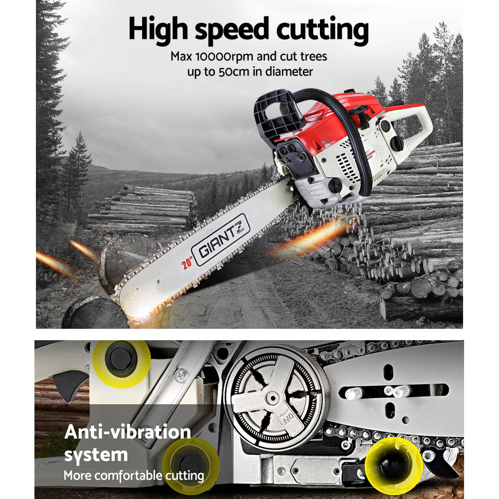 Giantz Chainsaw Petrol 58CC 20" Bar Commercial E-Start Pruning Chain Saw White CSAW-FT-20-RDWH
