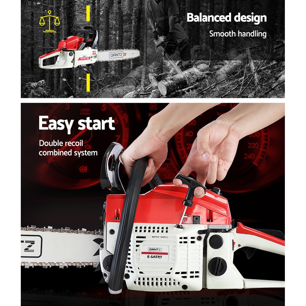 Giantz Chainsaw Petrol 58CC 20" Bar Commercial E-Start Pruning Chain Saw White CSAW-FT-20-RDWH