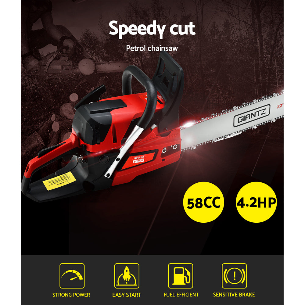 Giantz Chainsaw Petrol 58CC 22" Bar Commercial E-Start Pruning Chain Saw,Giantz Chainsaw Petrol 58CC 22" Bar CSAW-FVAT-22-N-OV-RDBK