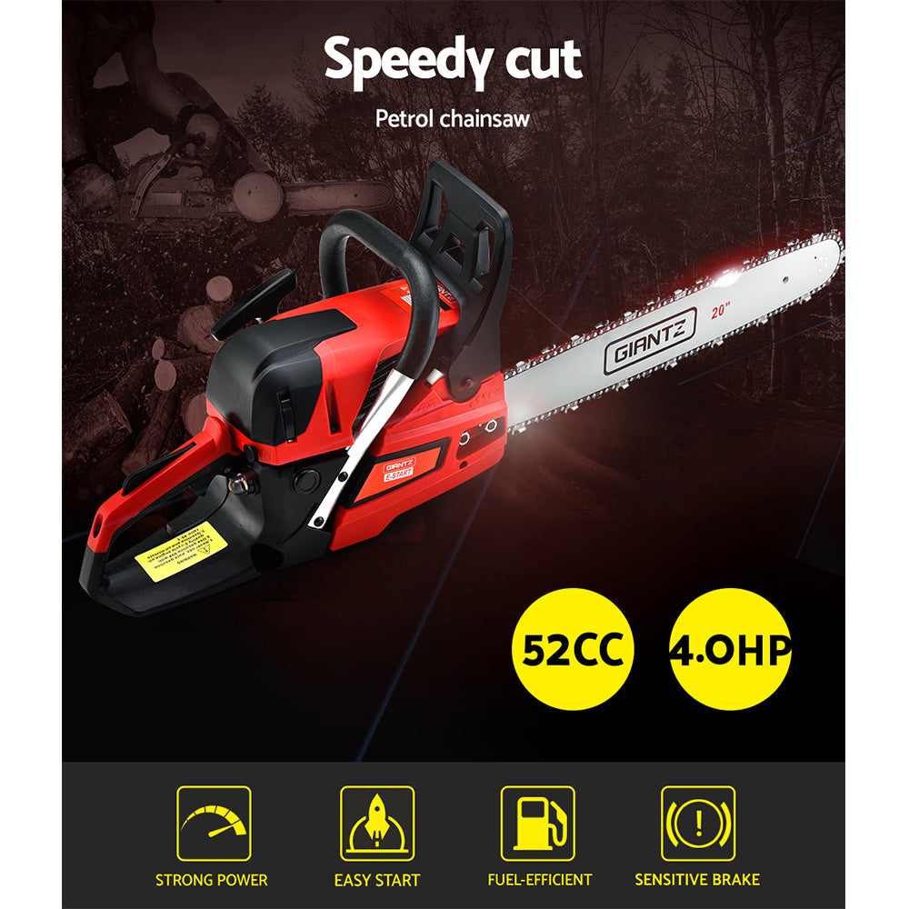 Giantz Chainsaw Petrol 52CC 20" Bar Commercial E-Start Pruning Chain Saw,Giantz Chainsaw Petrol 52CC 20" Bar CSAW-FVTO-20-N-OV-RDBK