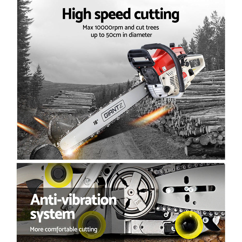 Giantz Chainsaw Petrol 45CC 18" Bar Commercial E-Start Pruning Chain Saw CSAW-SEF-22-RDWH