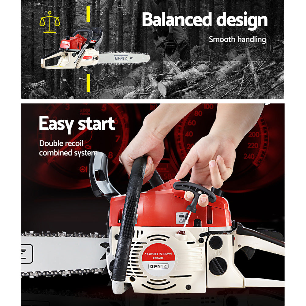 Giantz Chainsaw Petrol 45CC 18" Bar Commercial E-Start Pruning Chain Saw CSAW-SEF-22-RDWH