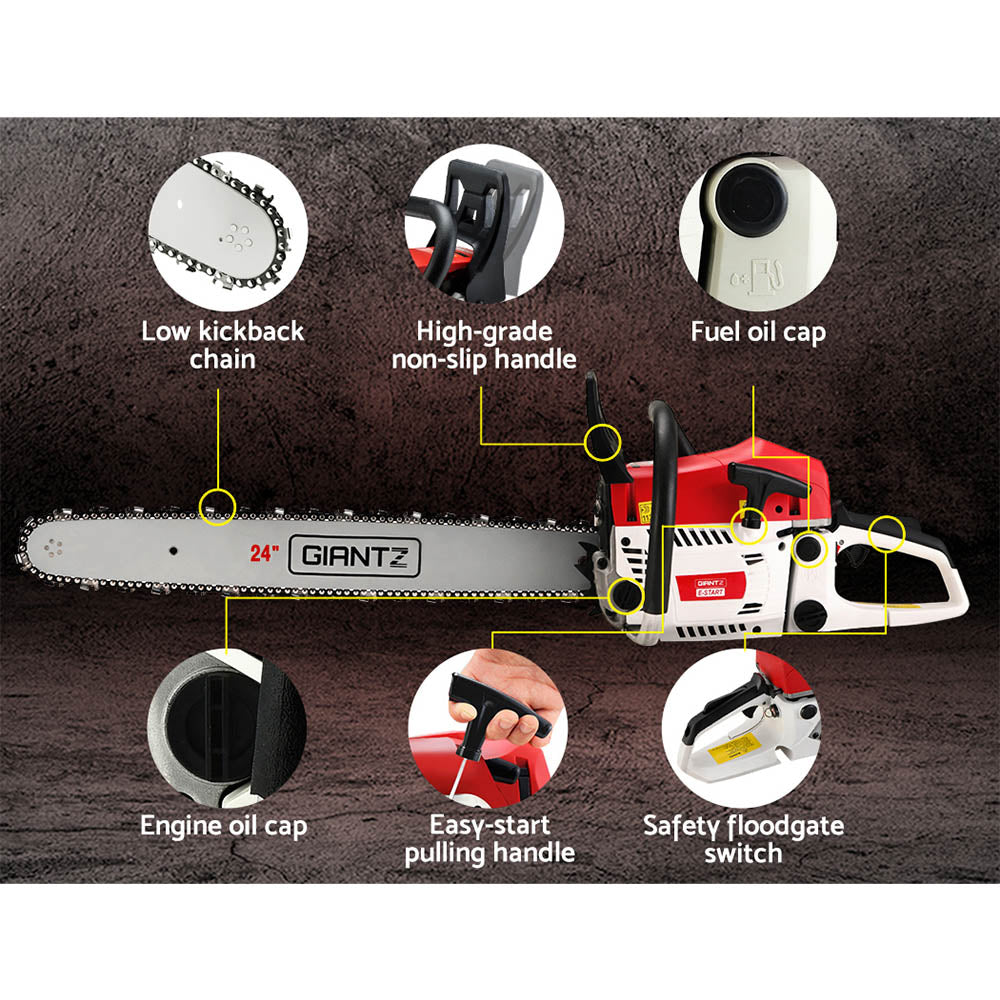 Giantz Chainsaw Petrol 72CC 24" Bar Commercial E-Start Pruning Chain Saw,Giantz Chainsaw Petrol 72CC 24" Bar CSAW-SVTO-24-RDWH-2C