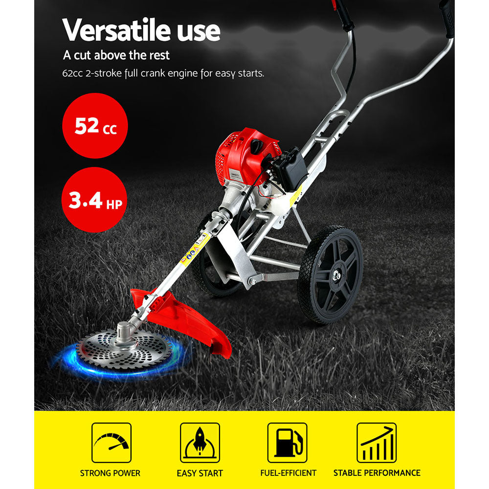 Giantz 52cc Petrol Brush Cutter Whipper Saw Trimmer 2 Stroke 3-in-1 Wheel CSAW-WHEEL-SXTO-N-OV-RD