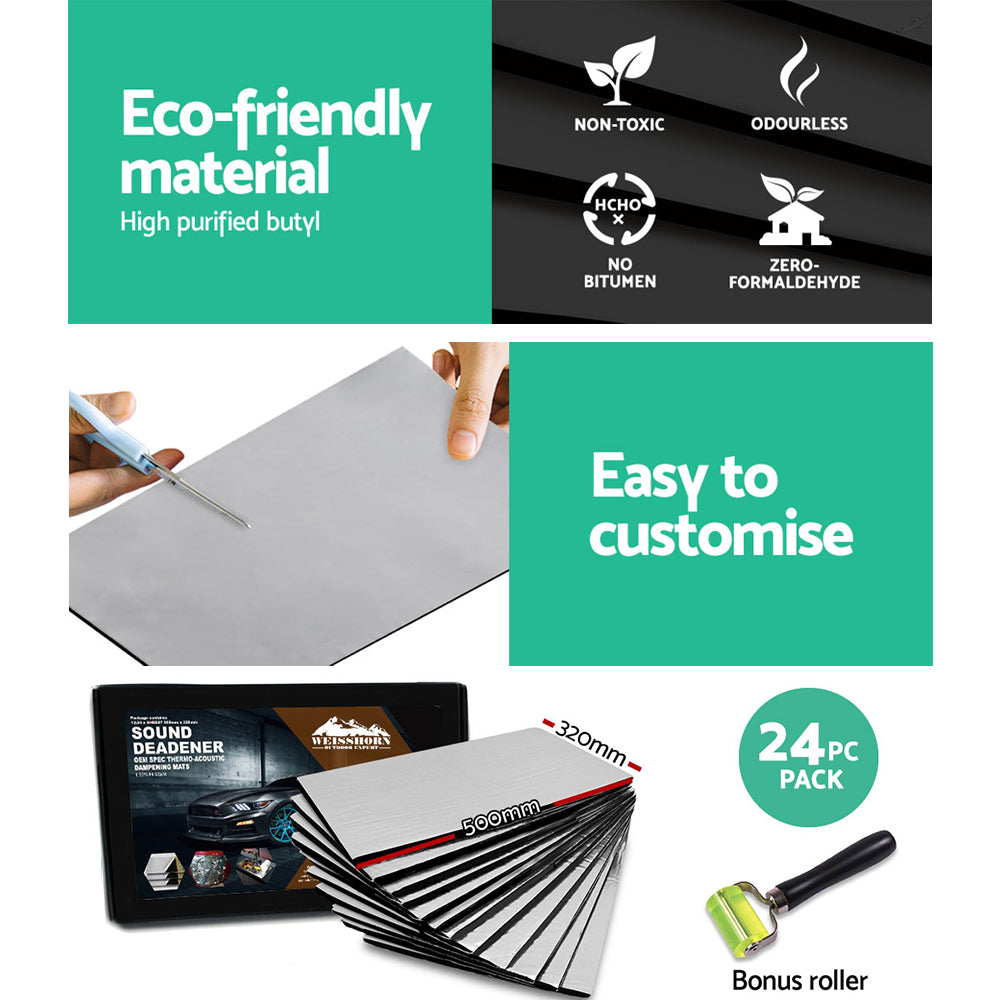 Weisshorn Butyl Car Sound Deadener Deadening Insulation Material with Application Roller 32CM X 50CM X 24pcs CSD-2MM-FLAT-5032-FC2