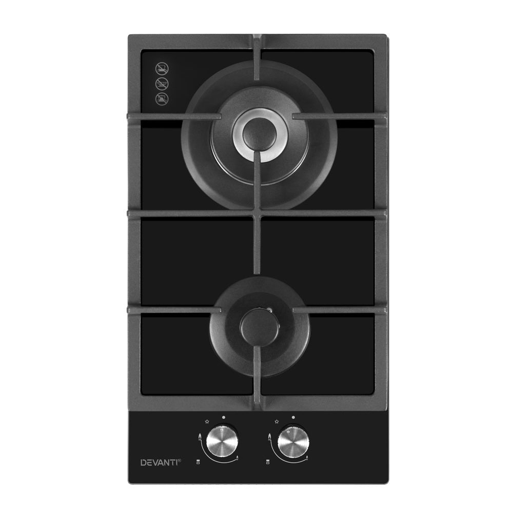 Devanti Gas Cooktop 30cm 2 Burner Black CT-GAS-2B-BK
