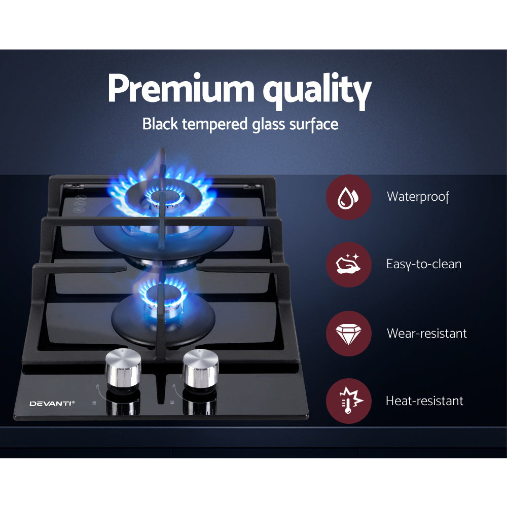 Devanti Gas Cooktop 30cm 2 Burner Black CT-GAS-2B-BK