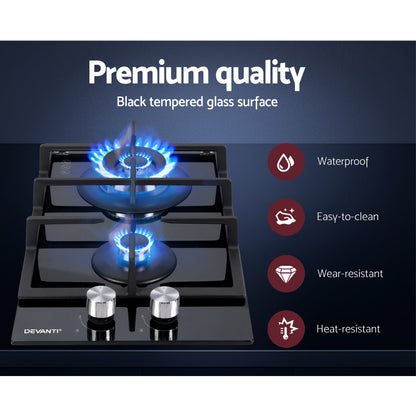 Devanti Gas Cooktop 30cm 2 Burner Black CT-GAS-2B-BK