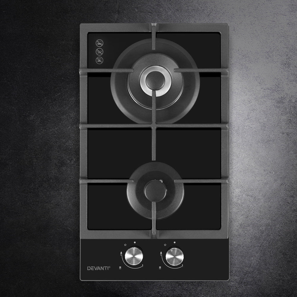 Devanti Gas Cooktop 30cm 2 Burner Black CT-GAS-2B-BK