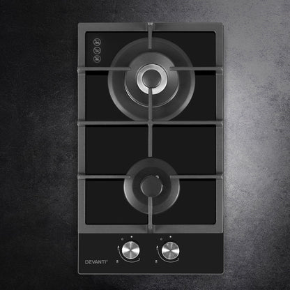 Devanti Gas Cooktop 30cm 2 Burner Black CT-GAS-2B-BK