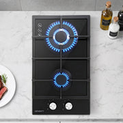Devanti Gas Cooktop 30cm 2 Burner Built-in Stove Glass Cook Top NG LPG Wok Burner CT-GAS-2B-C-BK
