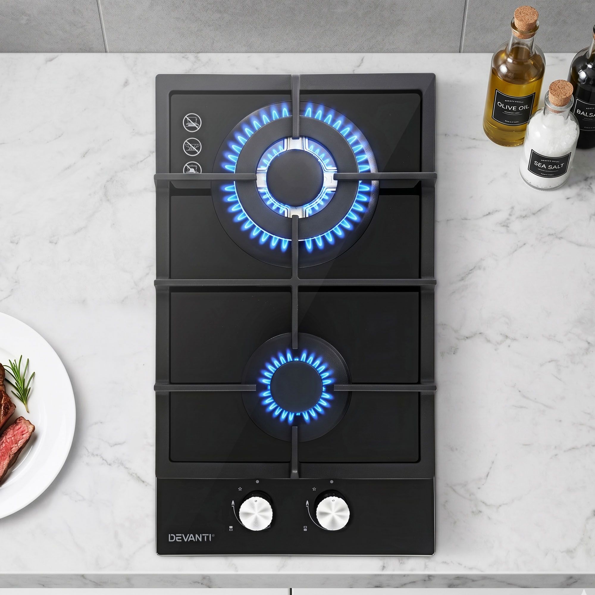 Devanti Gas Cooktop 30cm 2 Burner Built-in Stove Glass Cook Top NG LPG Wok Burner CT-GAS-2B-C-BK