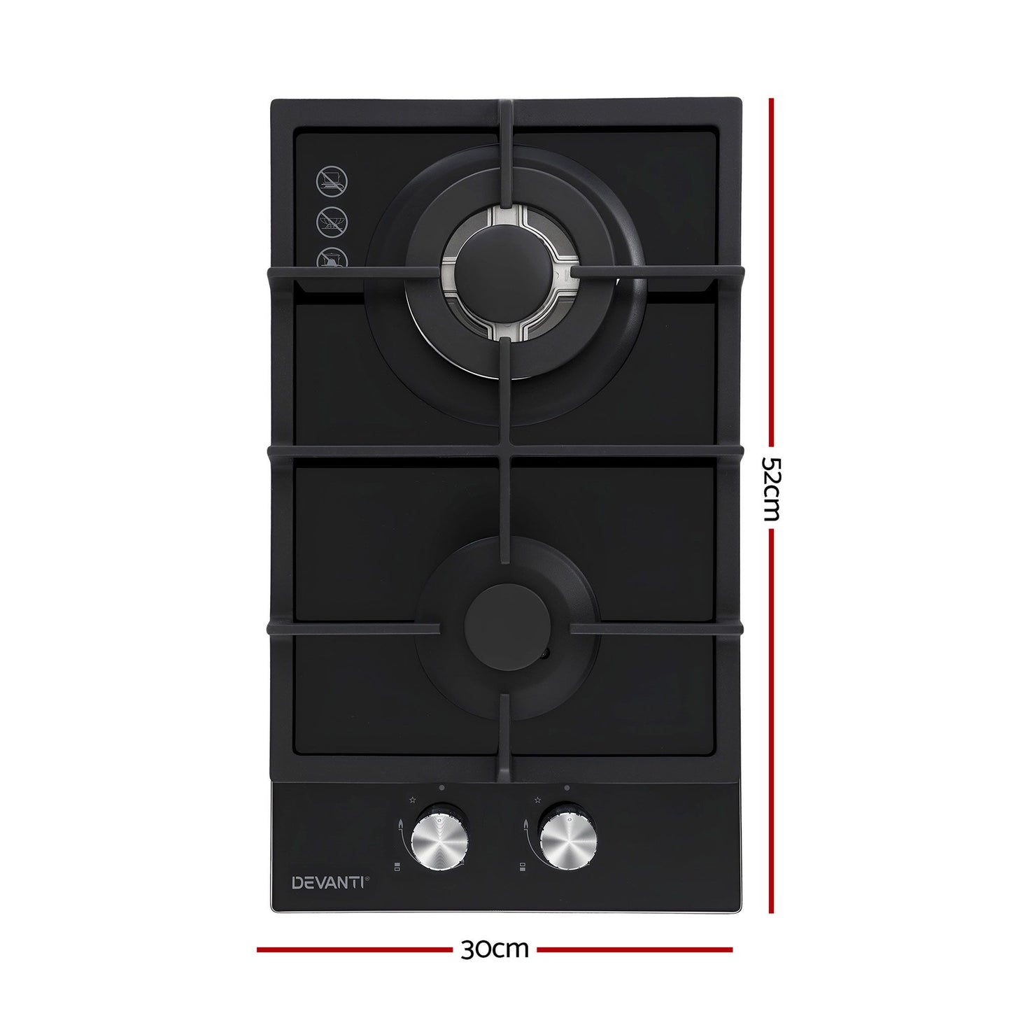 Devanti Gas Cooktop 30cm 2 Burner Built-in Stove Glass Cook Top NG LPG Wok Burner CT-GAS-2B-C-BK