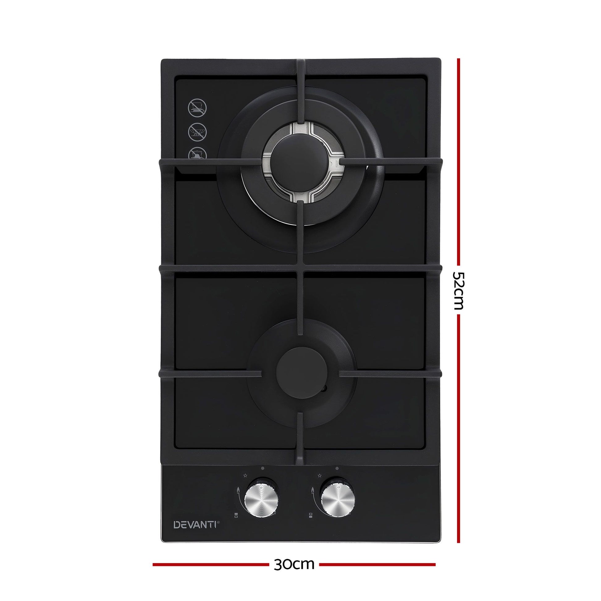 Devanti Gas Cooktop 30cm 2 Burner Built-in Stove Glass Cook Top NG LPG Wok Burner CT-GAS-2B-C-BK