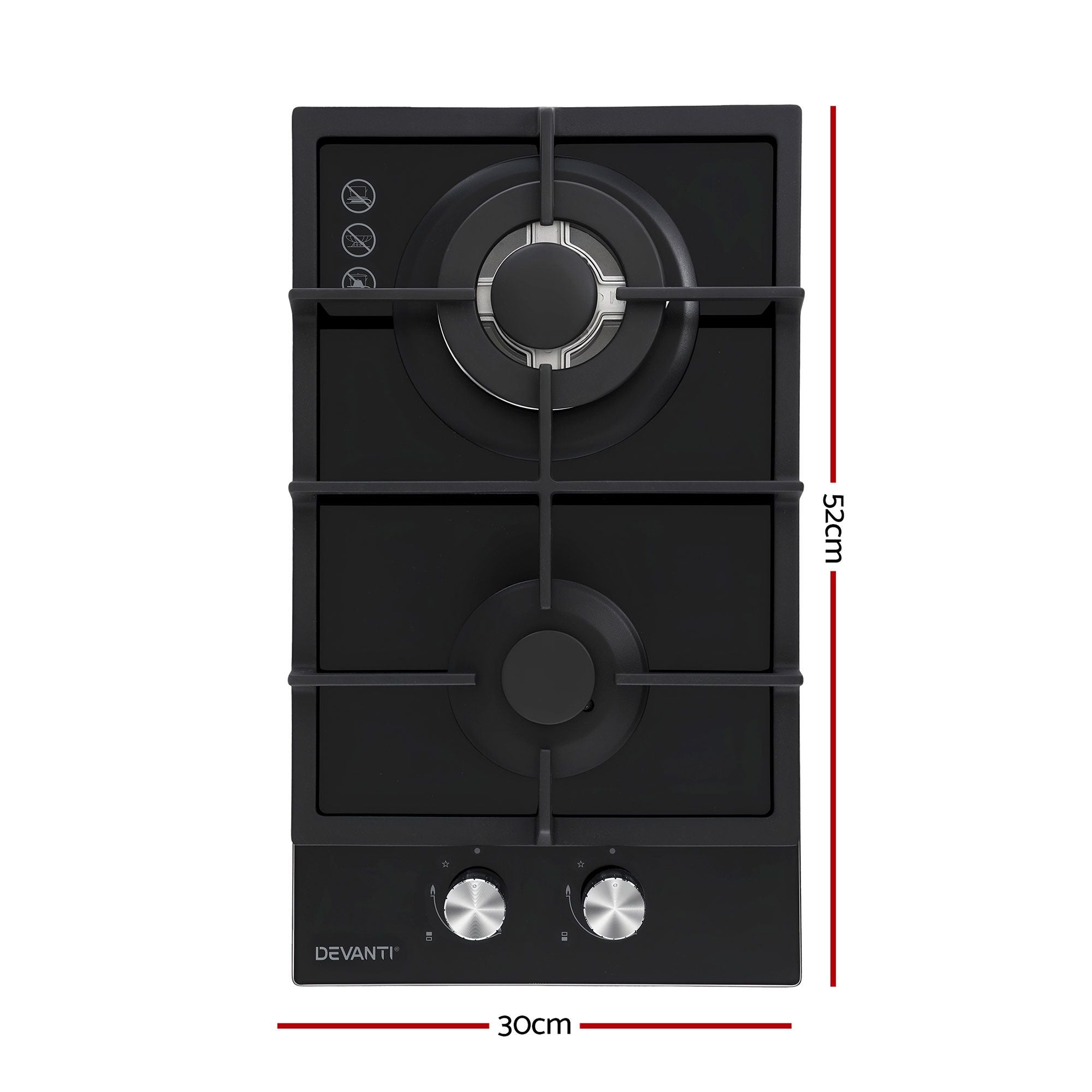 Devanti Gas Cooktop 30cm 2 Burner Built-in Stove Glass Cook Top NG LPG Wok Burner CT-GAS-2B-C-BK
