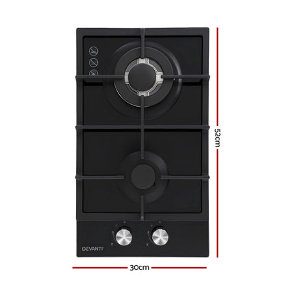 Devanti Gas Cooktop 30cm 2 Burner Built-in Stove Glass Cook Top NG LPG Wok Burner CT-GAS-2B-C-BK