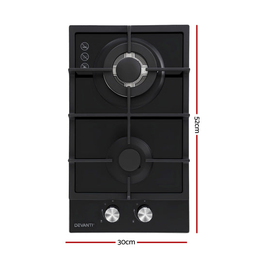 Devanti Gas Cooktop 30cm 2 Burner Built-in Stove Glass Cook Top NG LPG Wok Burner CT-GAS-2B-C-BK