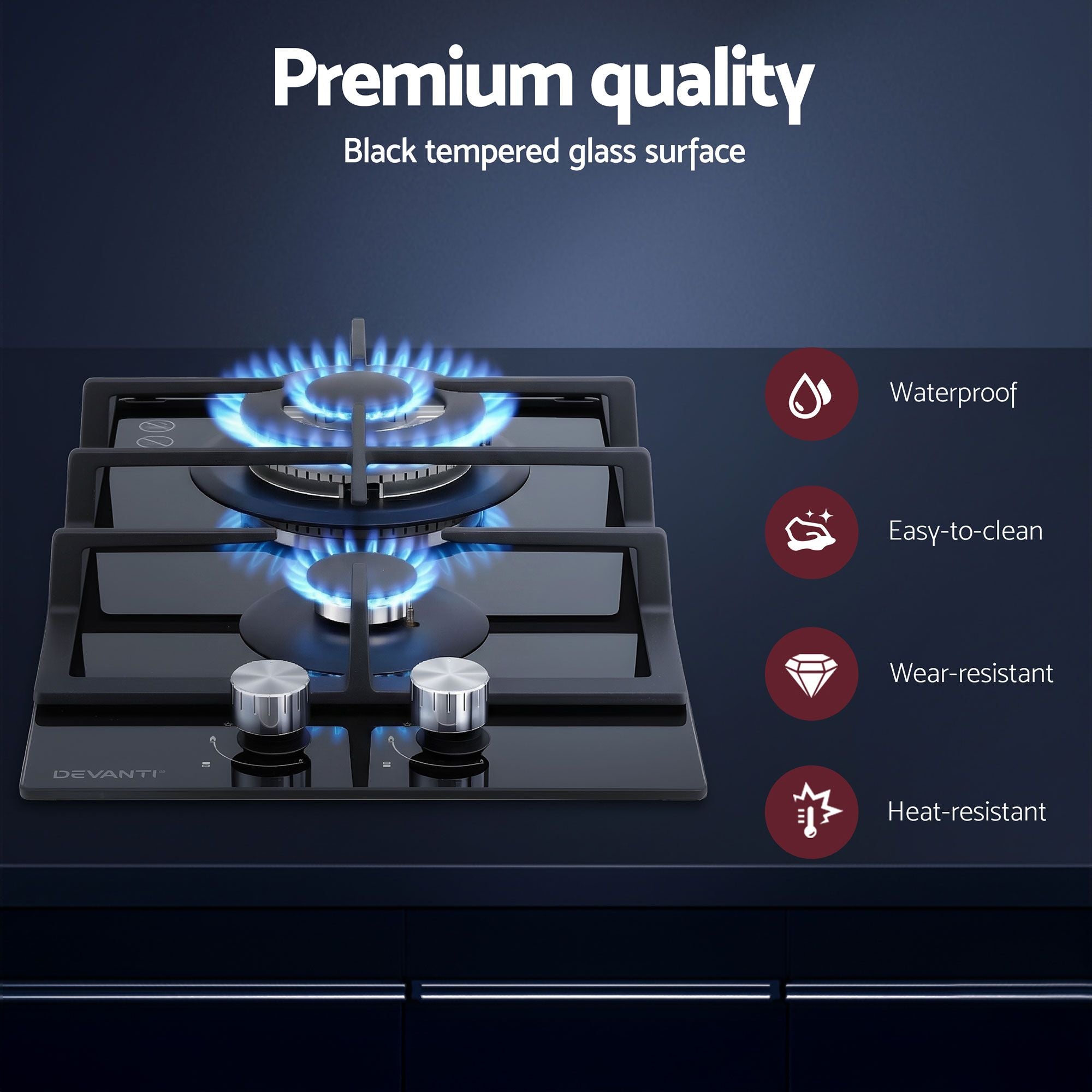 Devanti Gas Cooktop 30cm 2 Burner Built-in Stove Glass Cook Top NG LPG Wok Burner CT-GAS-2B-C-BK