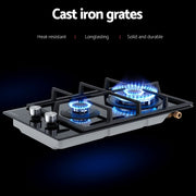 Devanti Gas Cooktop 30cm 2 Burner Built-in Stove Glass Cook Top NG LPG Wok Burner CT-GAS-2B-C-BK