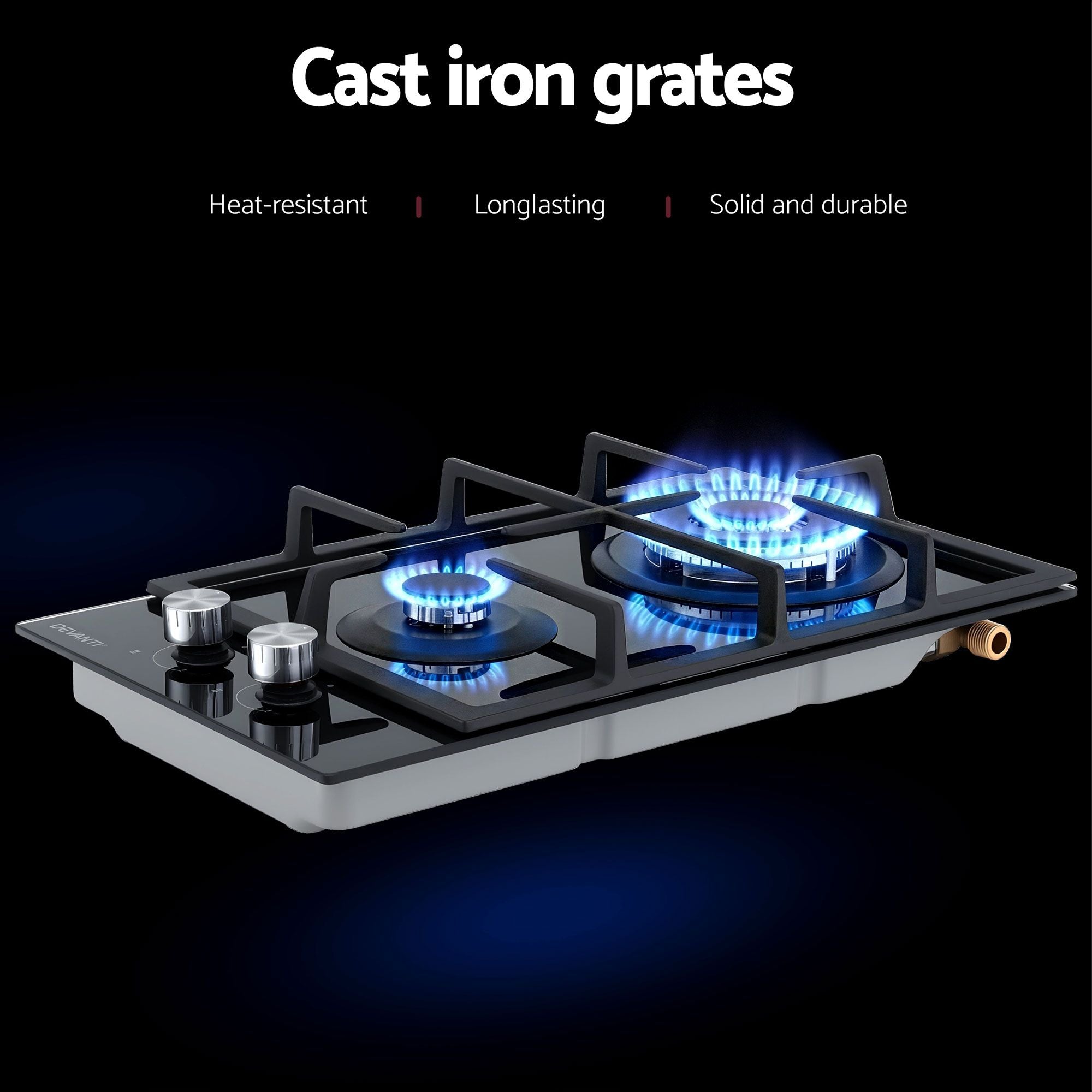 Devanti Gas Cooktop 30cm 2 Burner Built-in Stove Glass Cook Top NG LPG Wok Burner CT-GAS-2B-C-BK